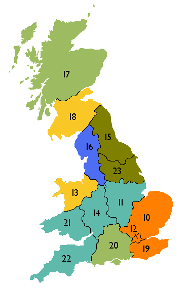 Map of DNO licence areas, numbered using distributor IDs, and coloured by DNO