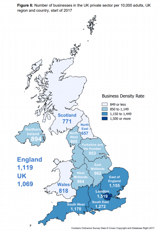 UK Regional Business Density: Number of Businesses Per 10,000 People